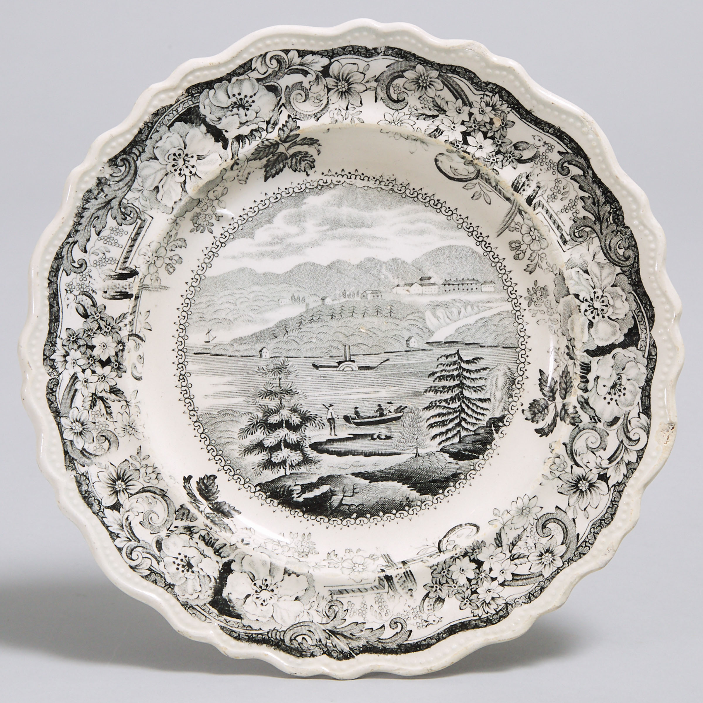 Staffordshire Black-Printed Plate, 'Picturesque Views, West Point, Hudson River', James & Ralph Clews, c.1835 