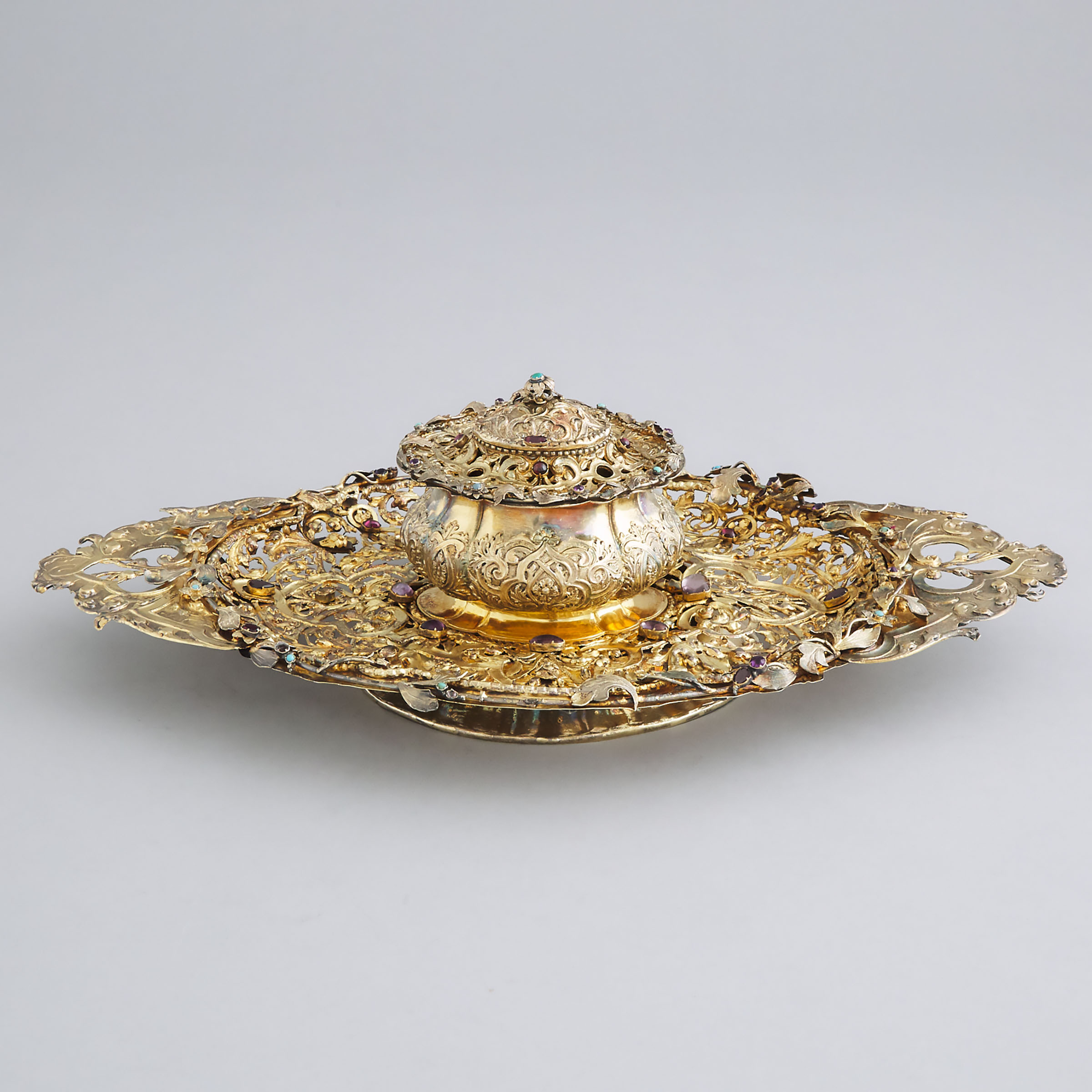 Continental Assembled 'Jewelled' Silver-Gilt Inkstand, probably German, 19th century
