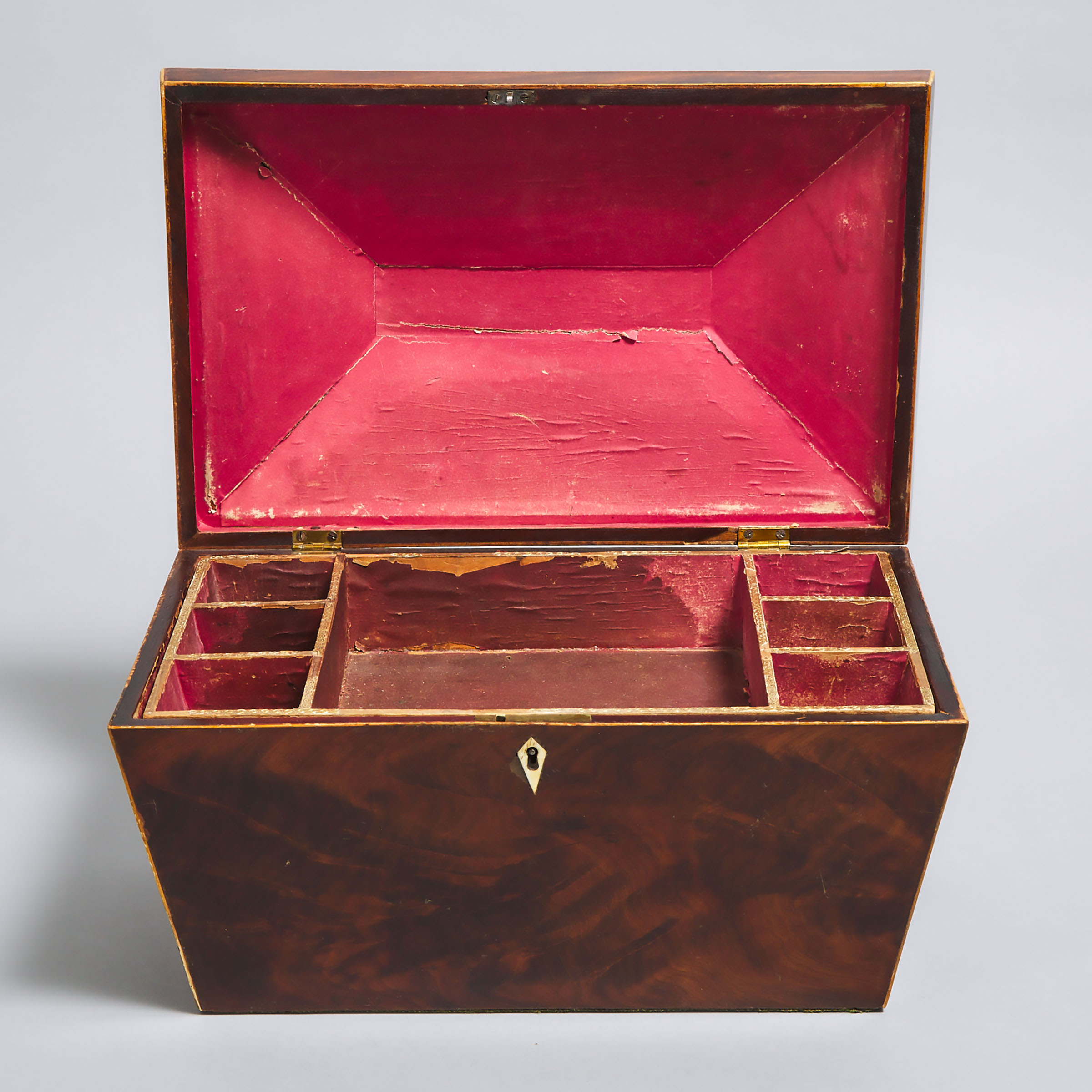 Large Early Victorian Satinwood Strung Flame Mahogany Work Box, c.1840