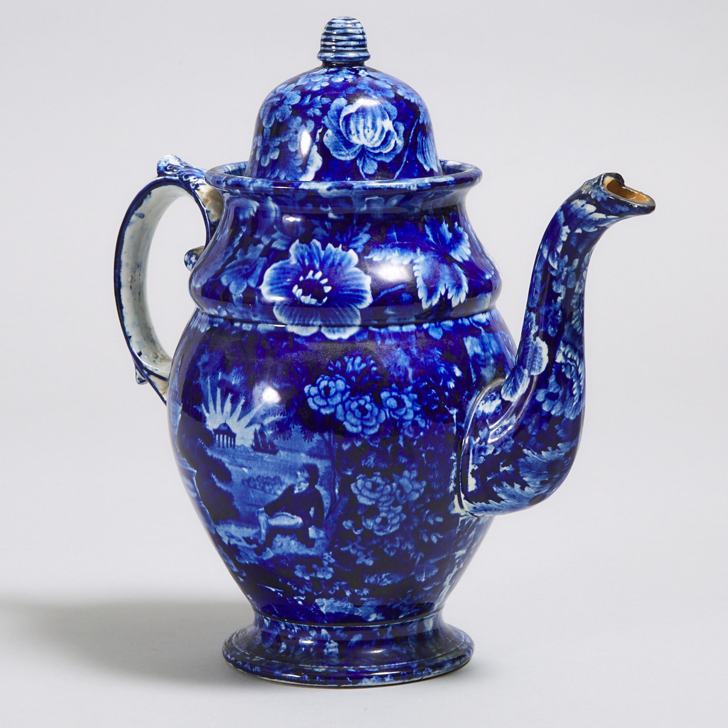 Staffordshire Blue-Printed Pearlware Coffee Pot, 'Lafayette at Franklin's Tomb', c.1830