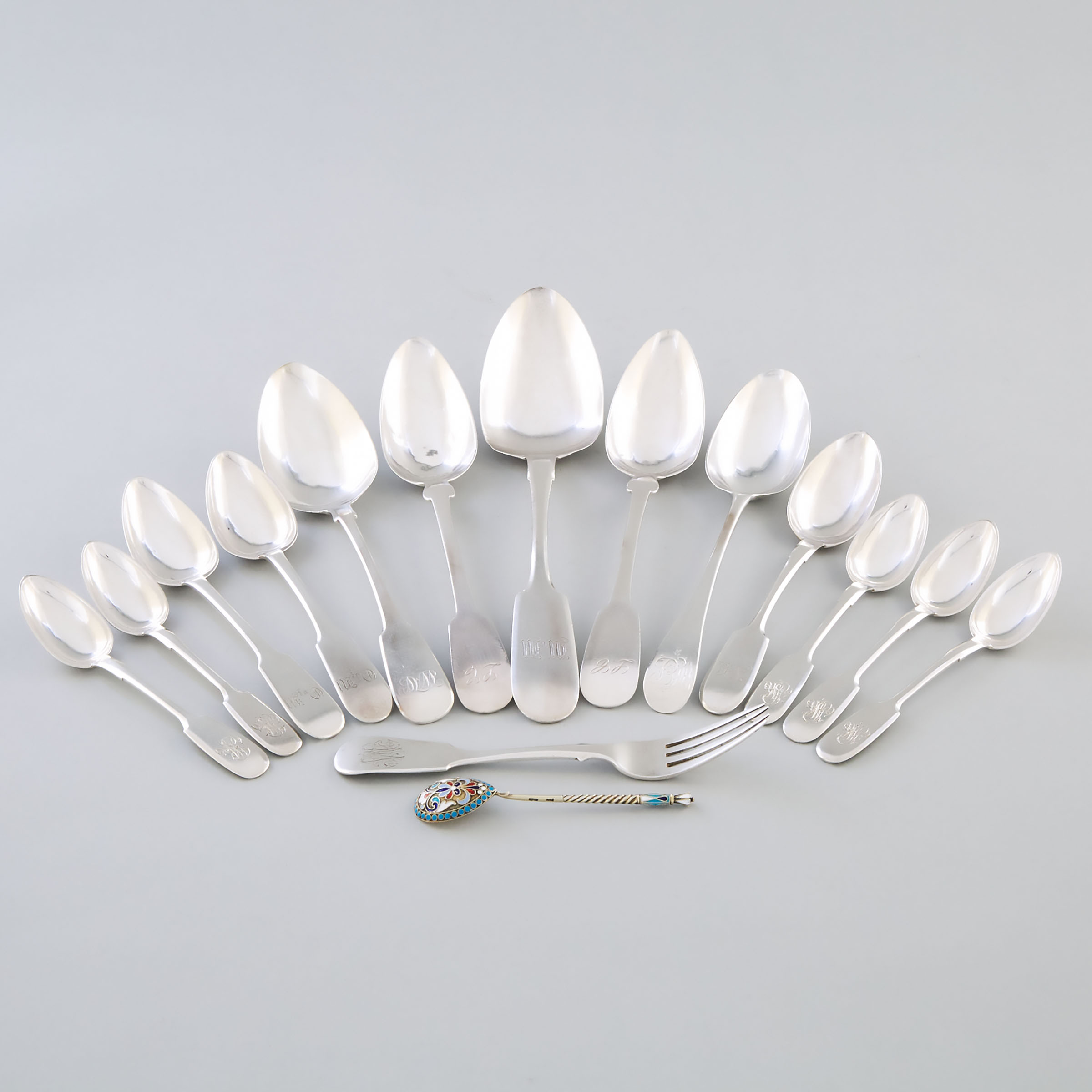 Group of Mainly Russian Silver Fiddle Pattern Flatware, c.1775-1915