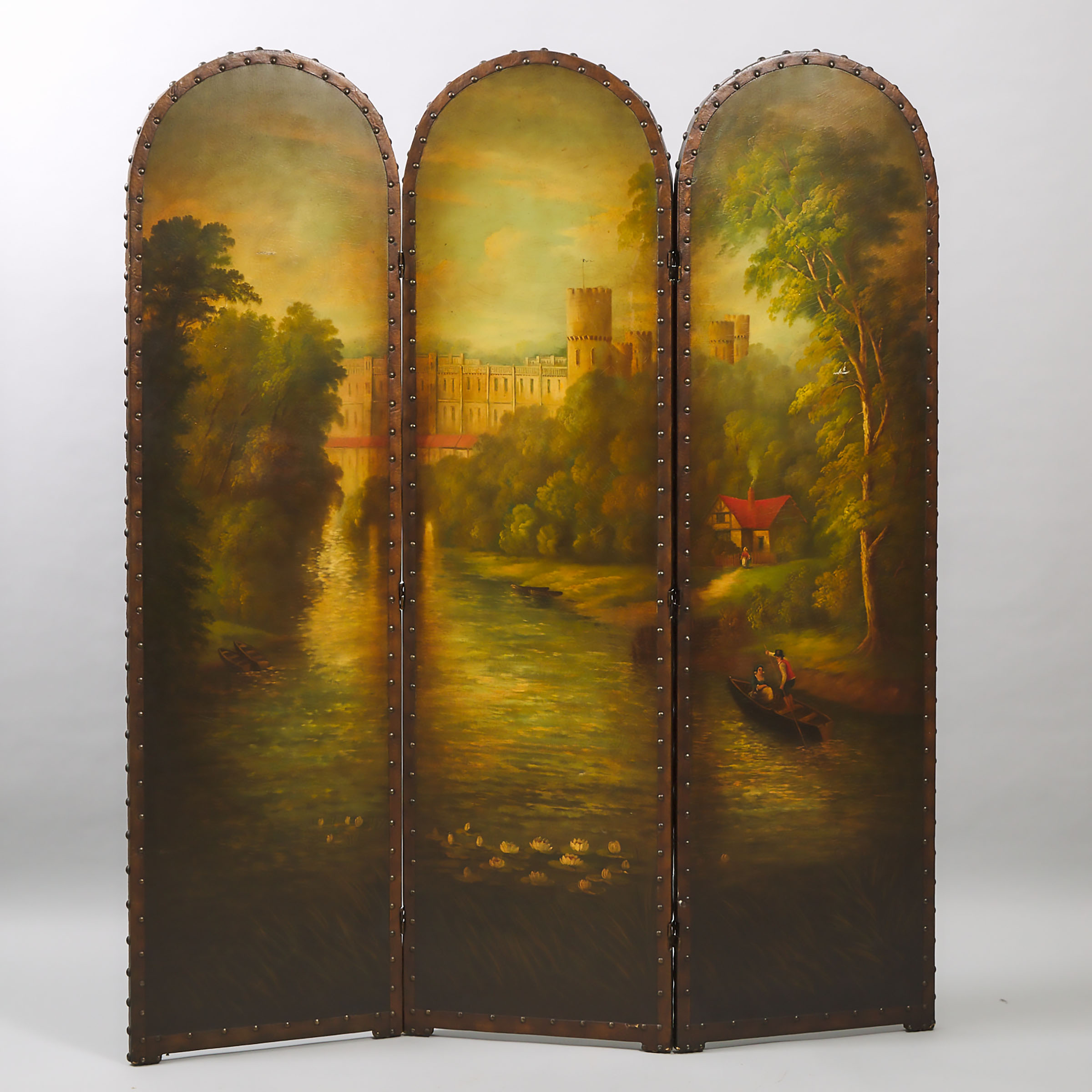 Victorian Painted Leather Three Fold Floor Screen, 19th century