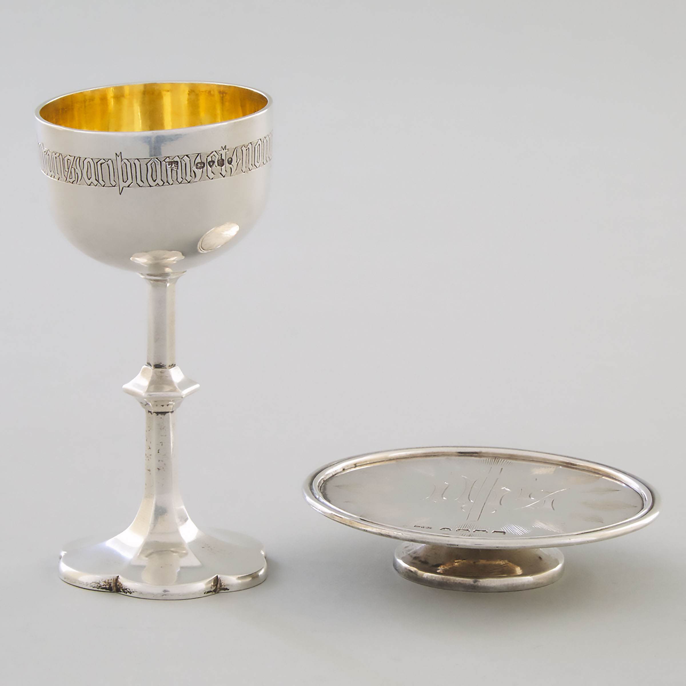 Victorian Silver Small Chalice and Standing Paten, Charles Rawlings & William Summers, London, 1854 and Josiah Williams & Co., Exeter, 1868
