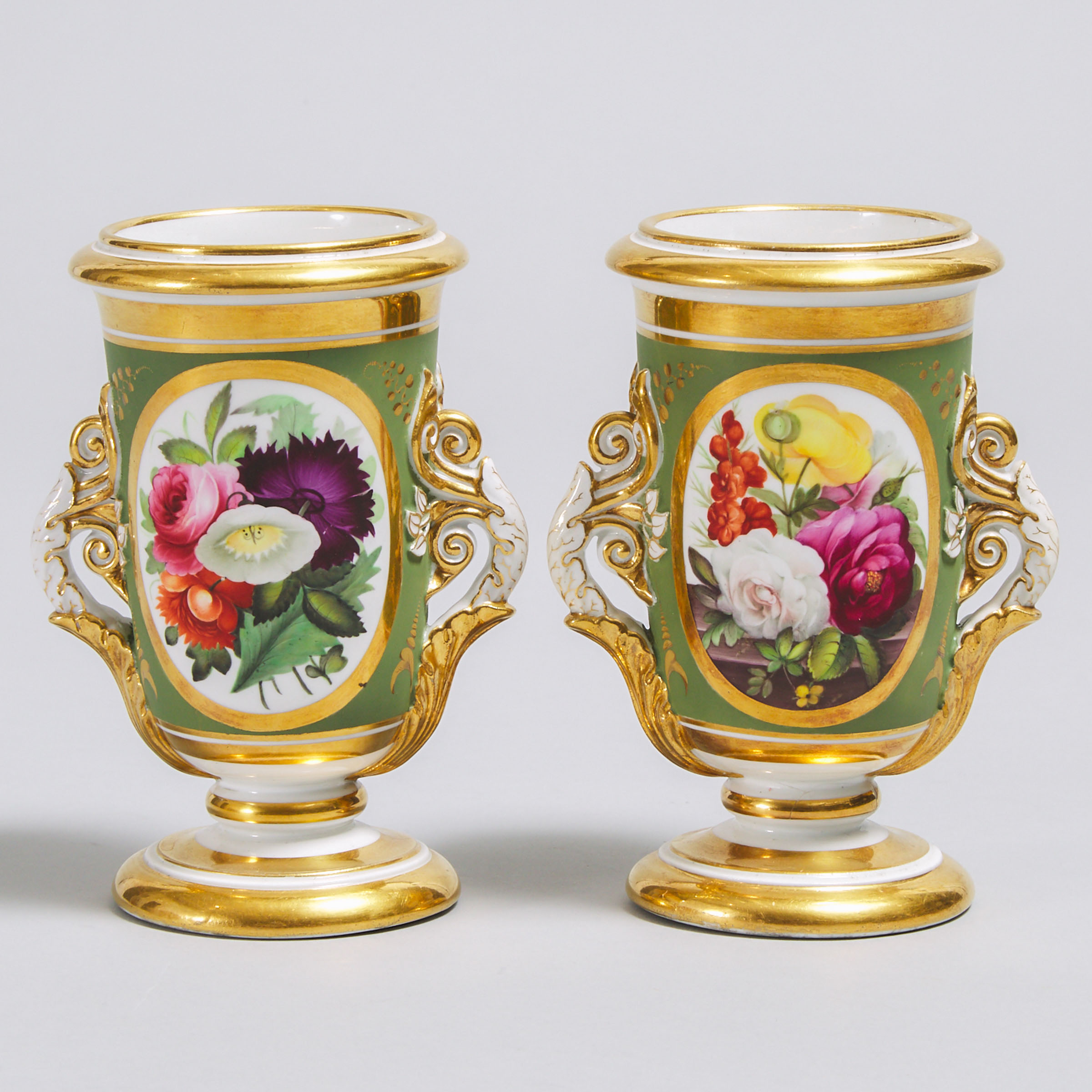 Pair of Ridgway Matt Green and Gilt Ground Spill Vases, c.1825