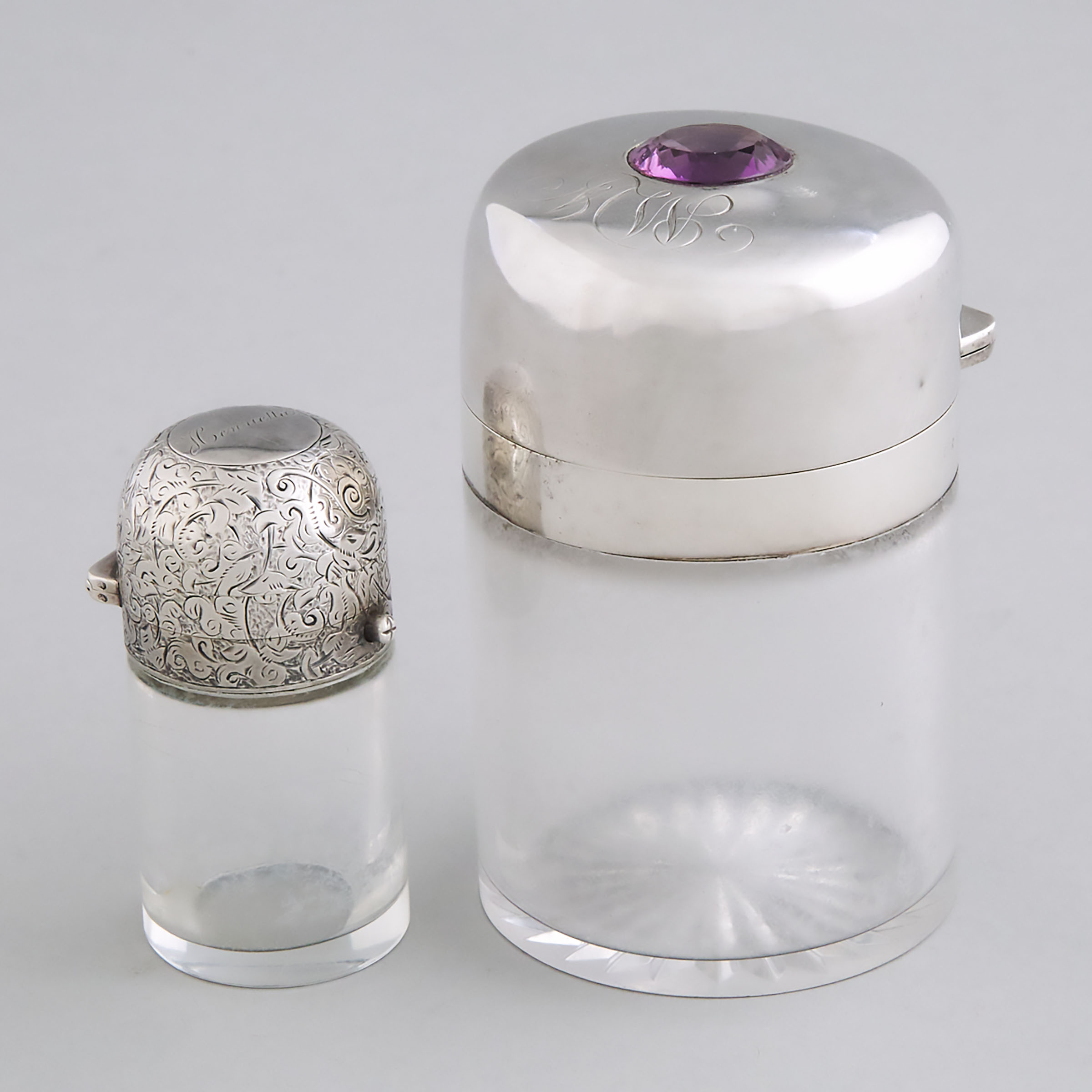 American Silver Mounted Glass Dressing Table Jar, Gorham Mfg. Co., Providence, R.I., 1893 and a Smaller Victorian Jar, Sampson Mordan, London, 1887