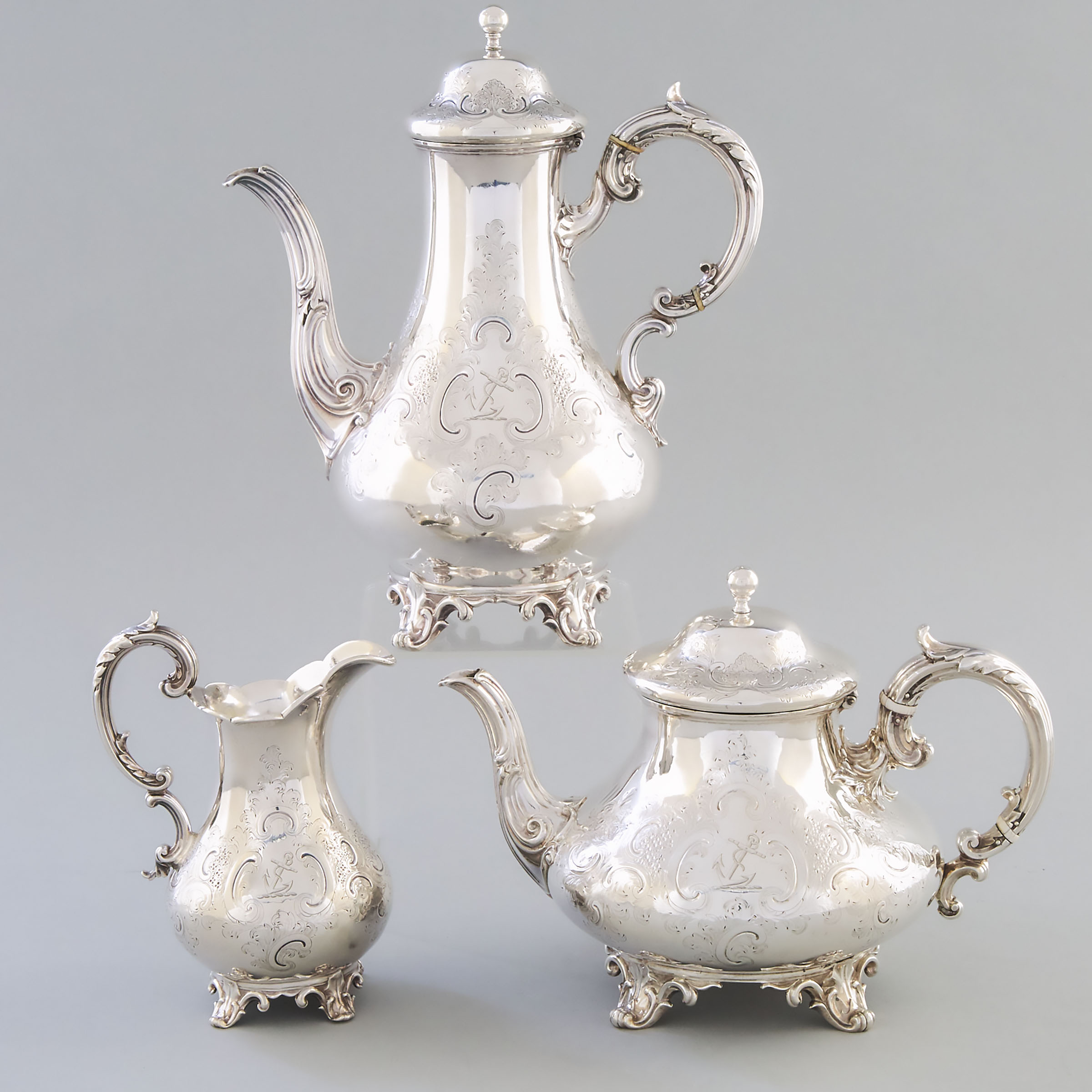 Victorian Silver Coffee Pot, Teapot and Cream Jug, Edward, John & William Barnard, London, 1849/50