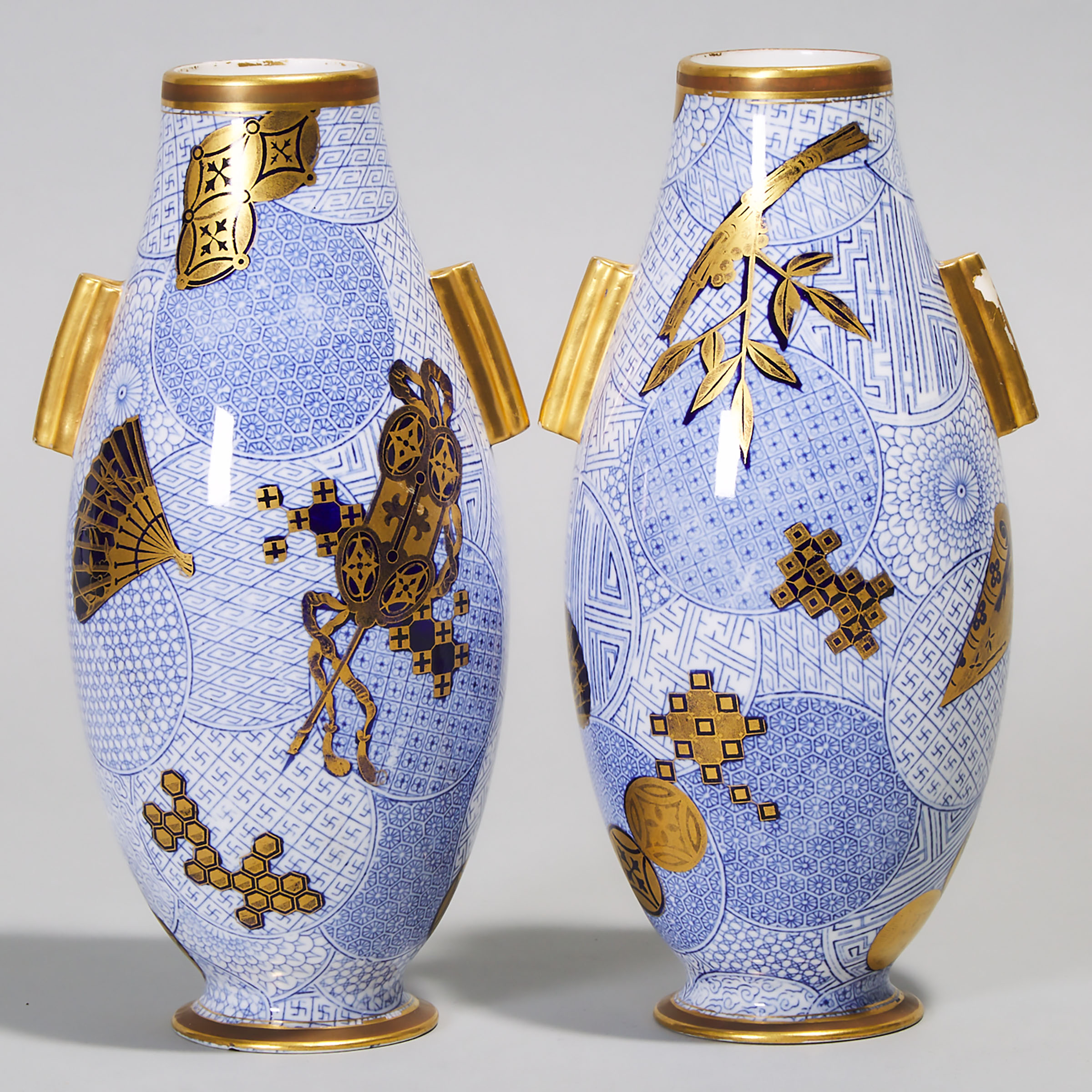 Pair of Royal Worcester Blue and Gilt Japanese-Style Vases, 1877