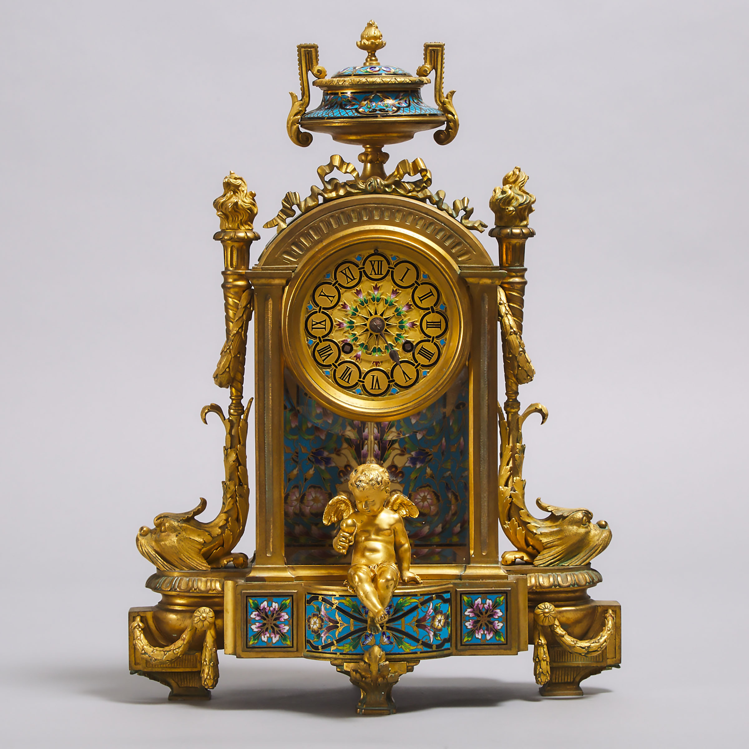 French Champlevé Enamelled GIlt Bronze Mantle Clock, Leroy & Fils, Paris, c.1870