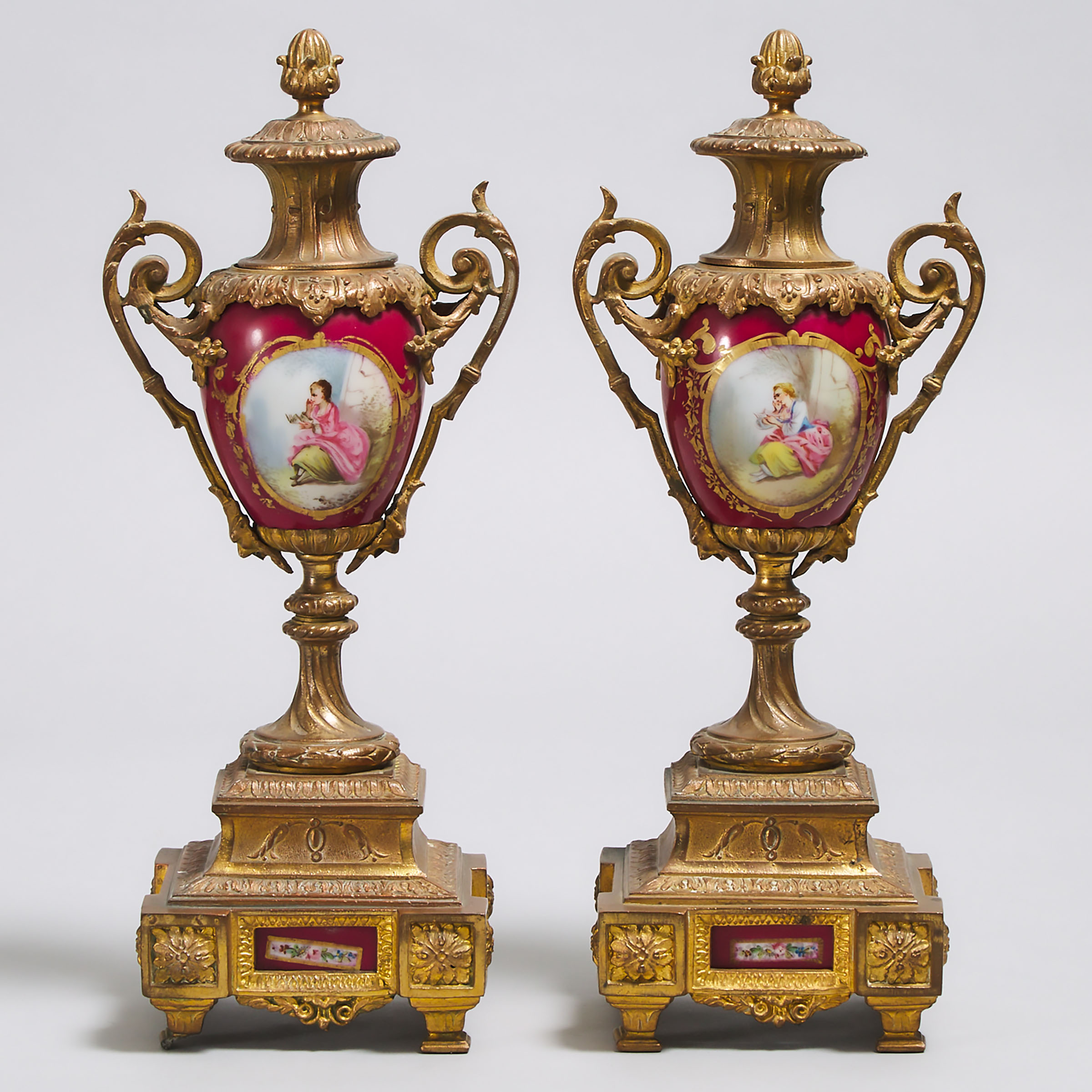 Pair of French ´Sèvres Style Porcelain Mounted Gilt Metal Vase Form Mantel Garniture, late 19th century