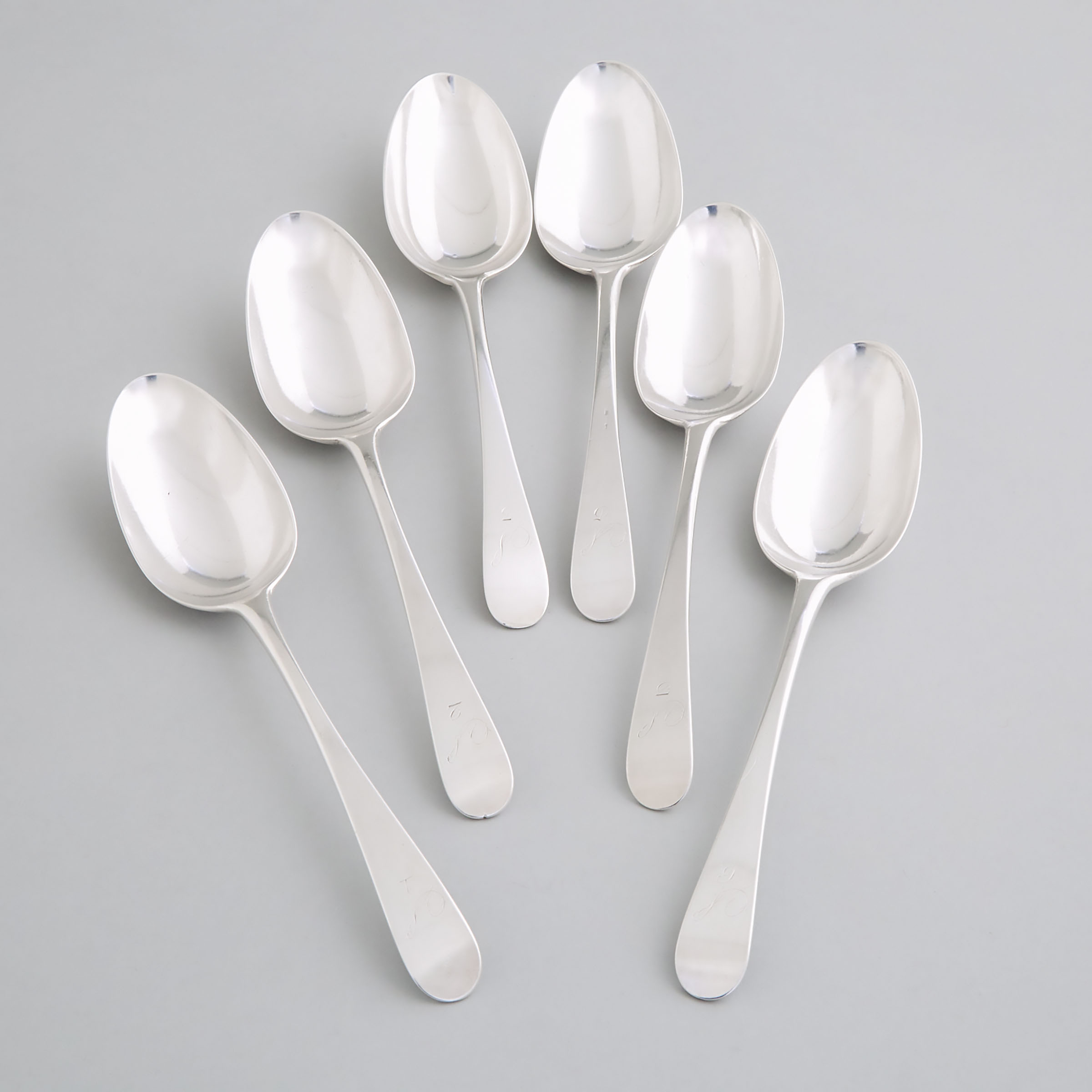 Five George III Silver Old English Pattern Table Spoons, William Cripps, London, 1774 and a Matching Canadian Spoon, Montreal, Que., c.1900