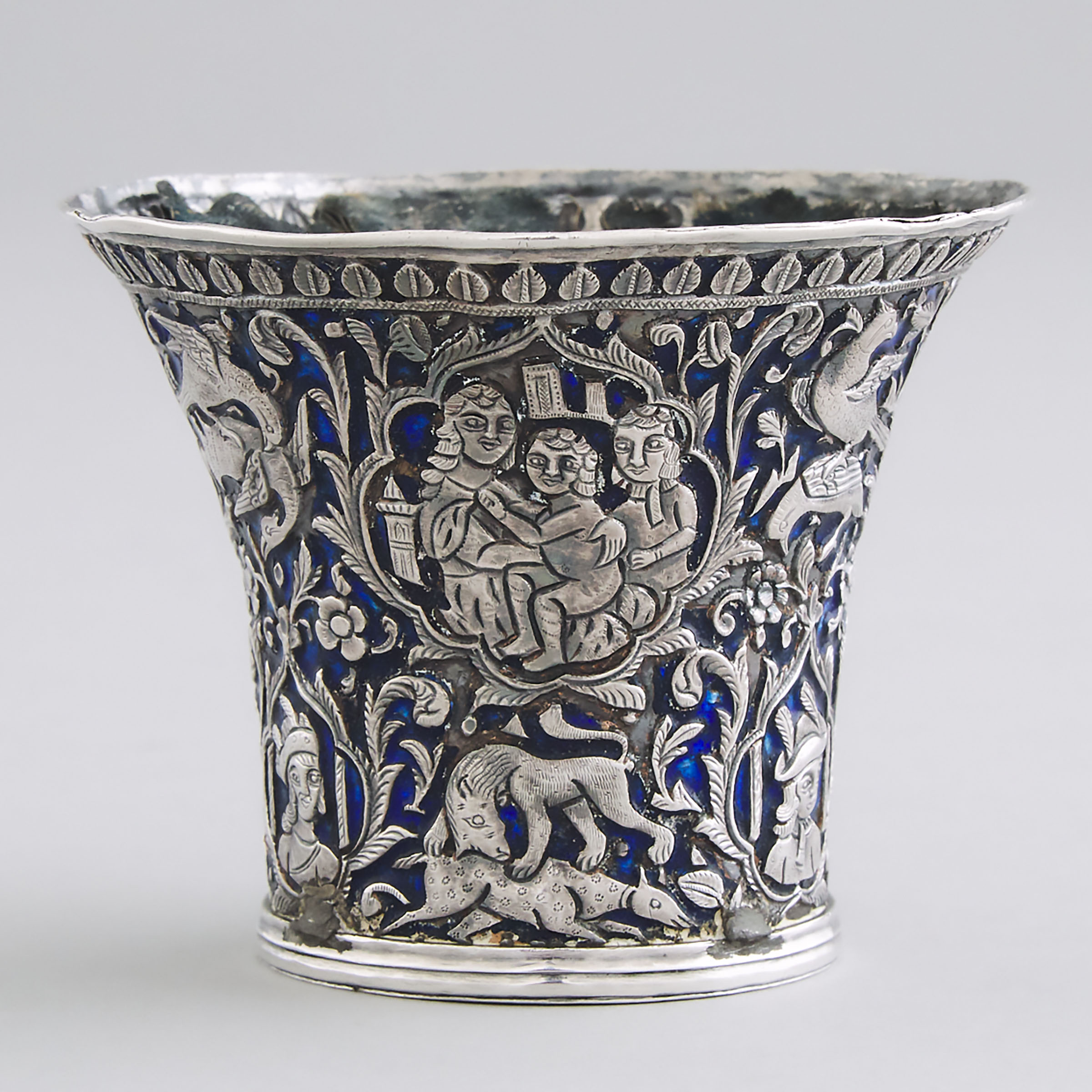 Qajar Blue Enameled Silver Qalyan Cup, late 19th century