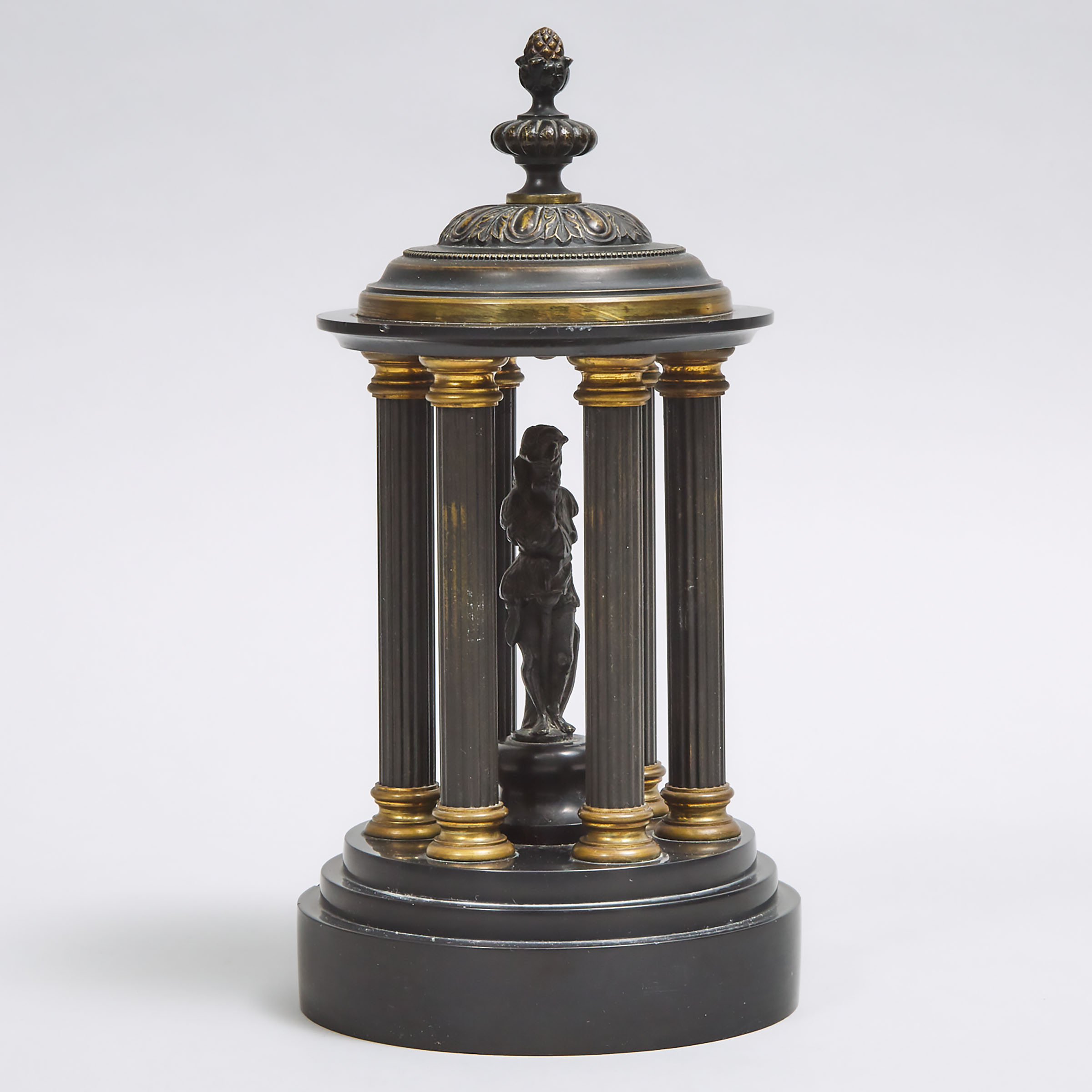 French Black Belgian Marble and Bronze Temple Form Mantel Garniture, 19th century