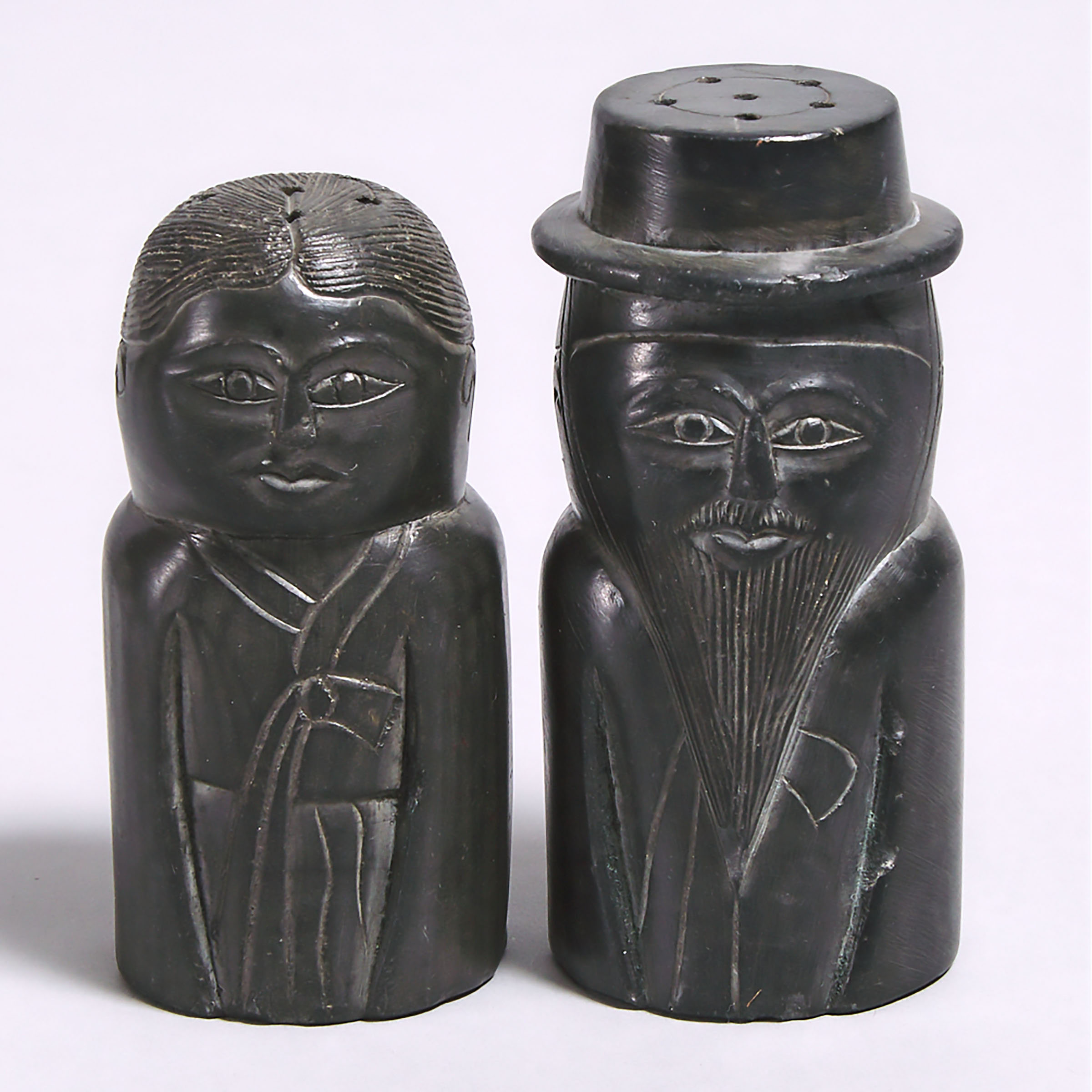 Pair of Argillite Pilgrim Figure Salt and Pepper Shakers, early-mid 20th century