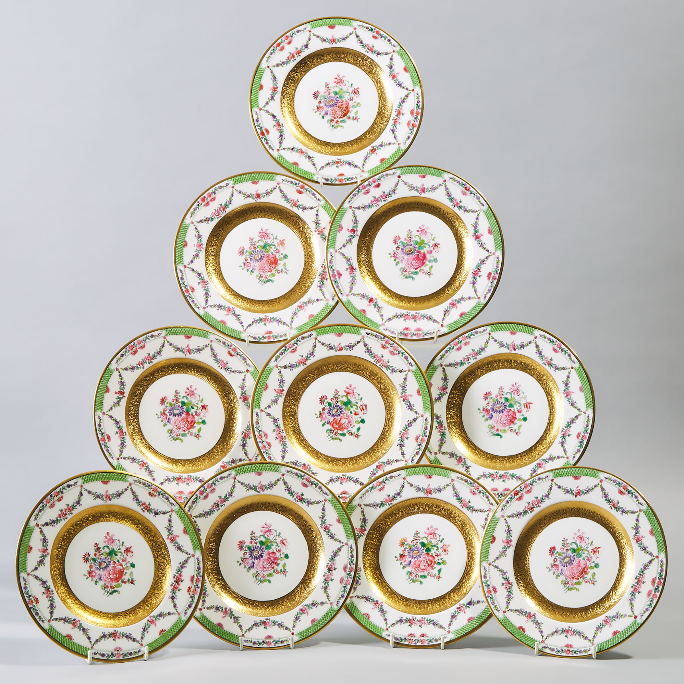 Ten George Jones Floral Decorated and Gilt Banded Plates, c.1891-1921