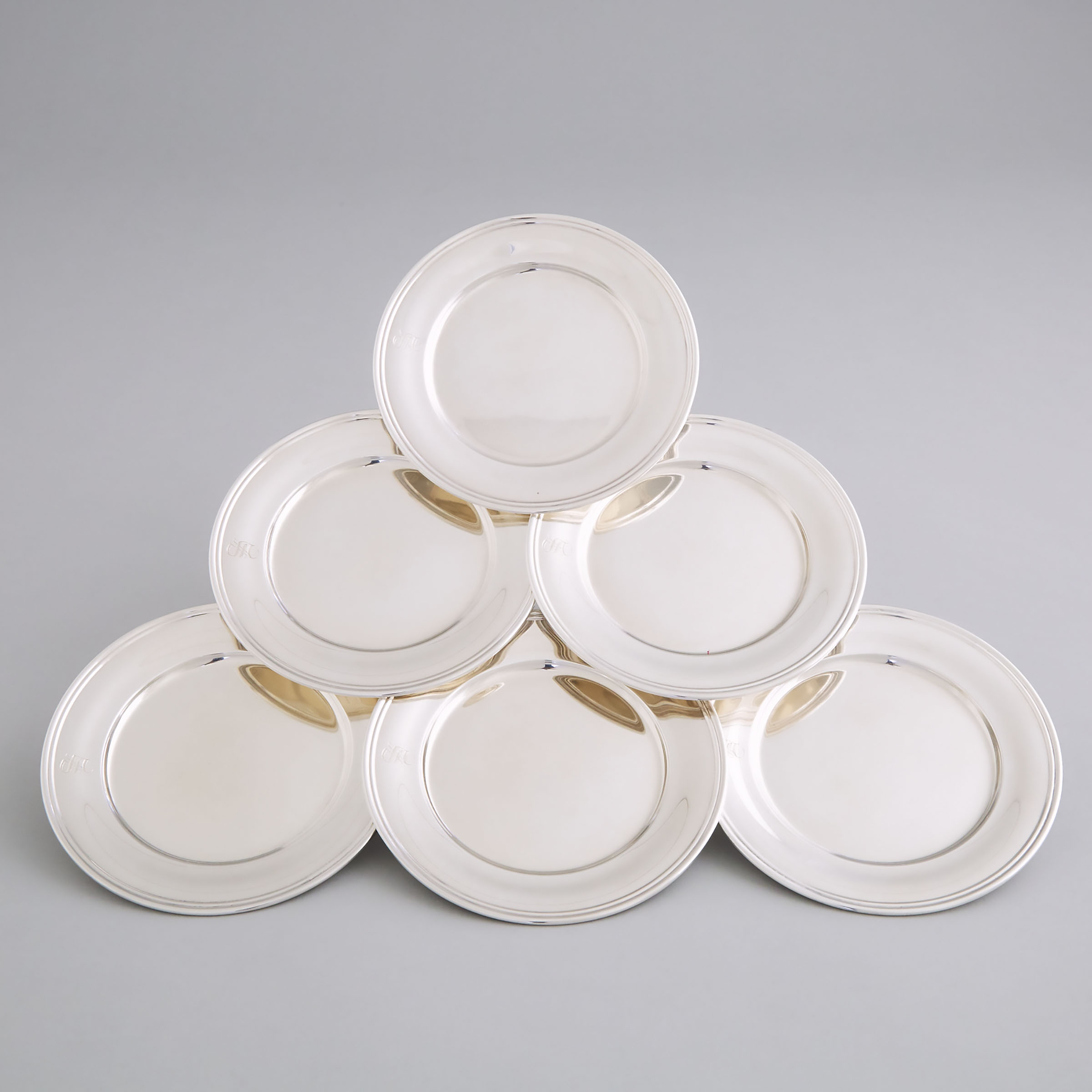 Six American Silver Side Plates, Samuel Kirk & Son Co., Baltimore, Md., 20th century