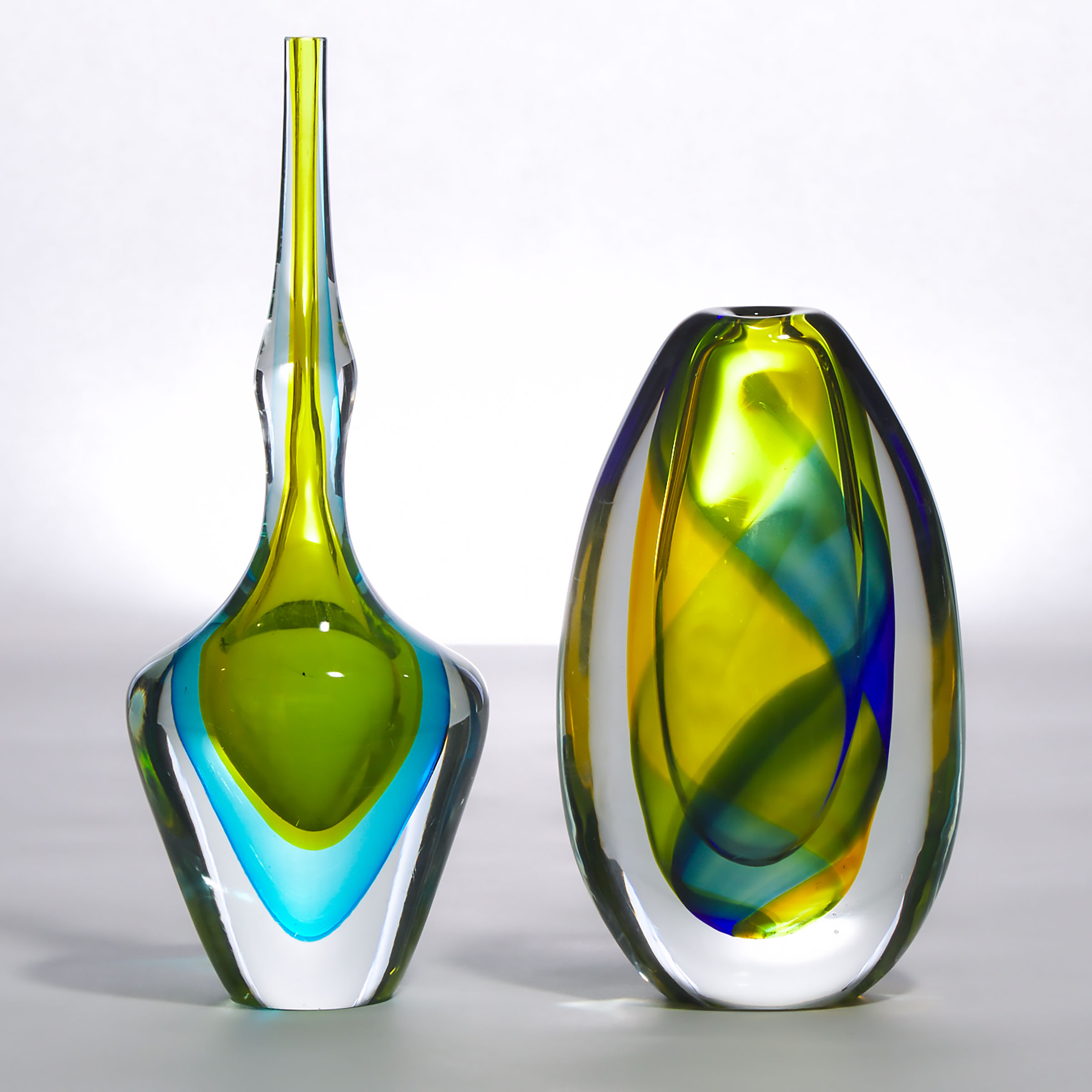 Two Citron and Blue Sommerso Glass Vases, probably Murano, mid-20th century