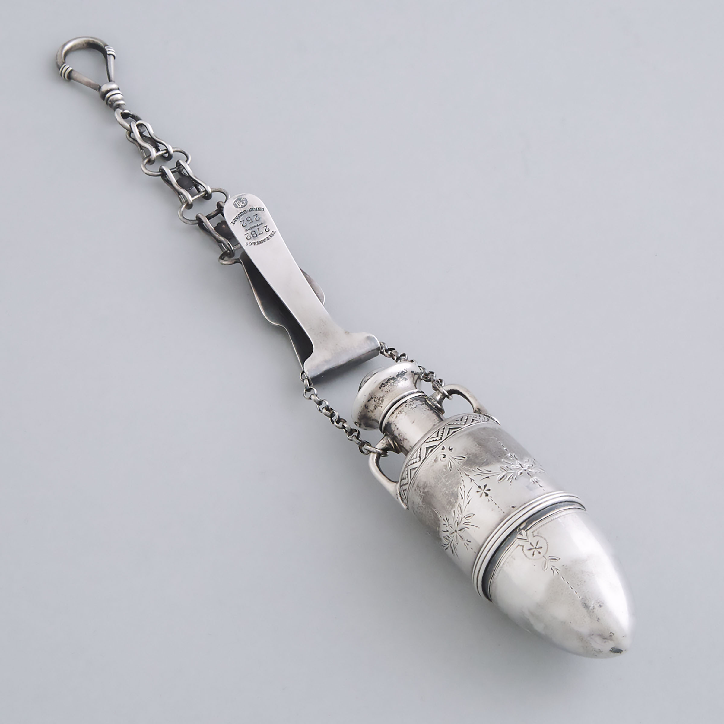 American Silver Two-Compartment Amphora Perfume Bottle with Belt Hook, Tiffany & Co., New York, N.Y., c.1870-75
