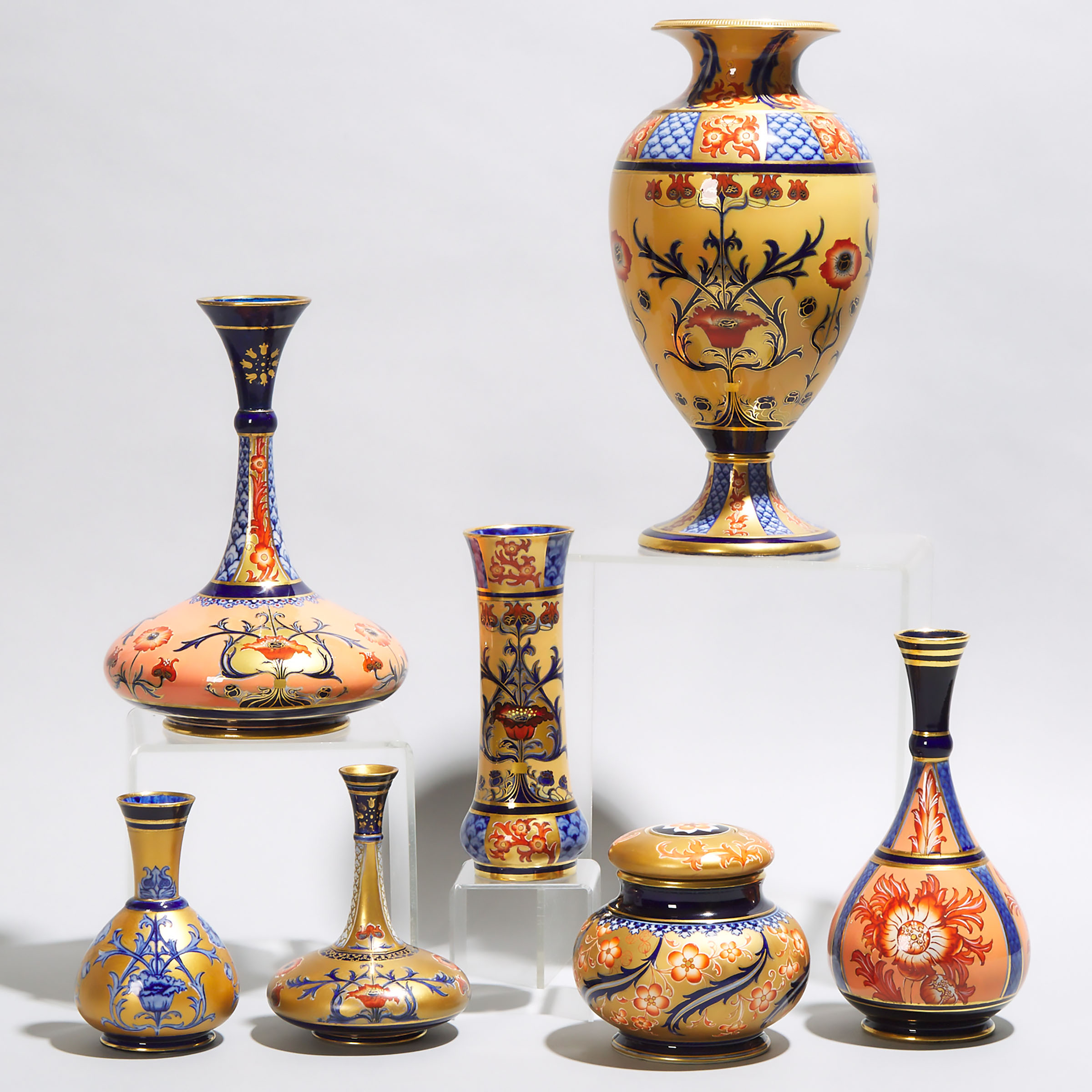 Six Macintyre Moorcroft Aurelian Vases and a Humidor, c.1898-1900