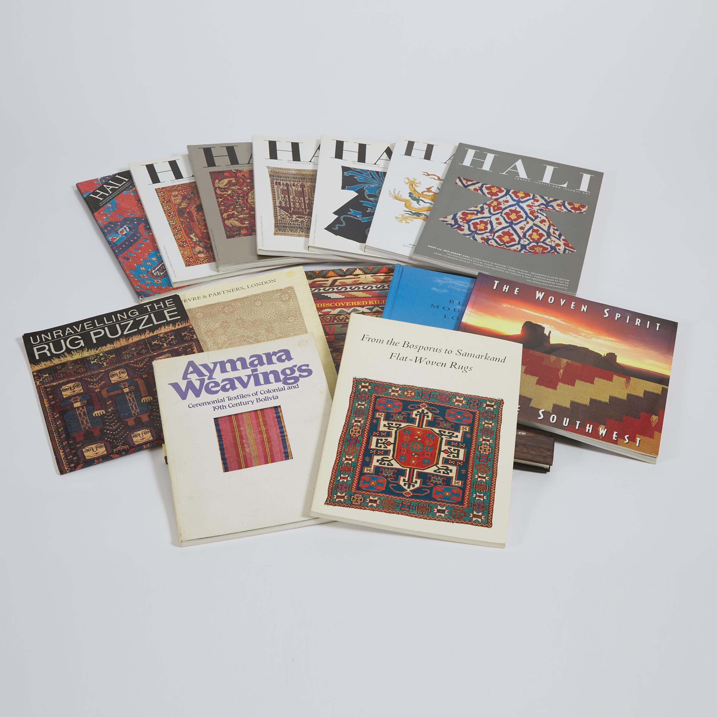 A Group of Six Rug and Textile Books together with Seven Hali Magazines and a Lefevre & Partners, London Auction Catalogue