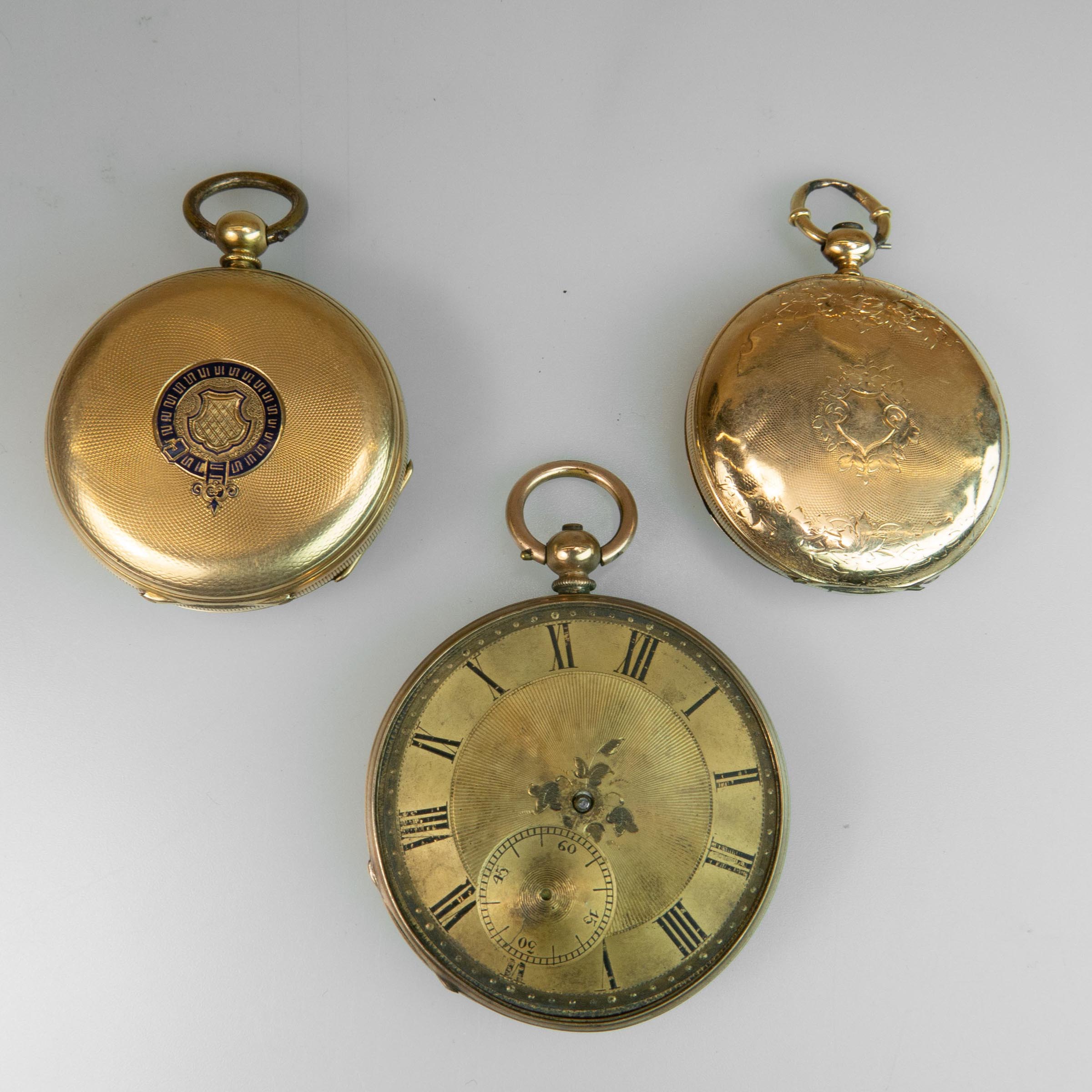 Three Pocket Watches In 14k Yellow Gold Cases