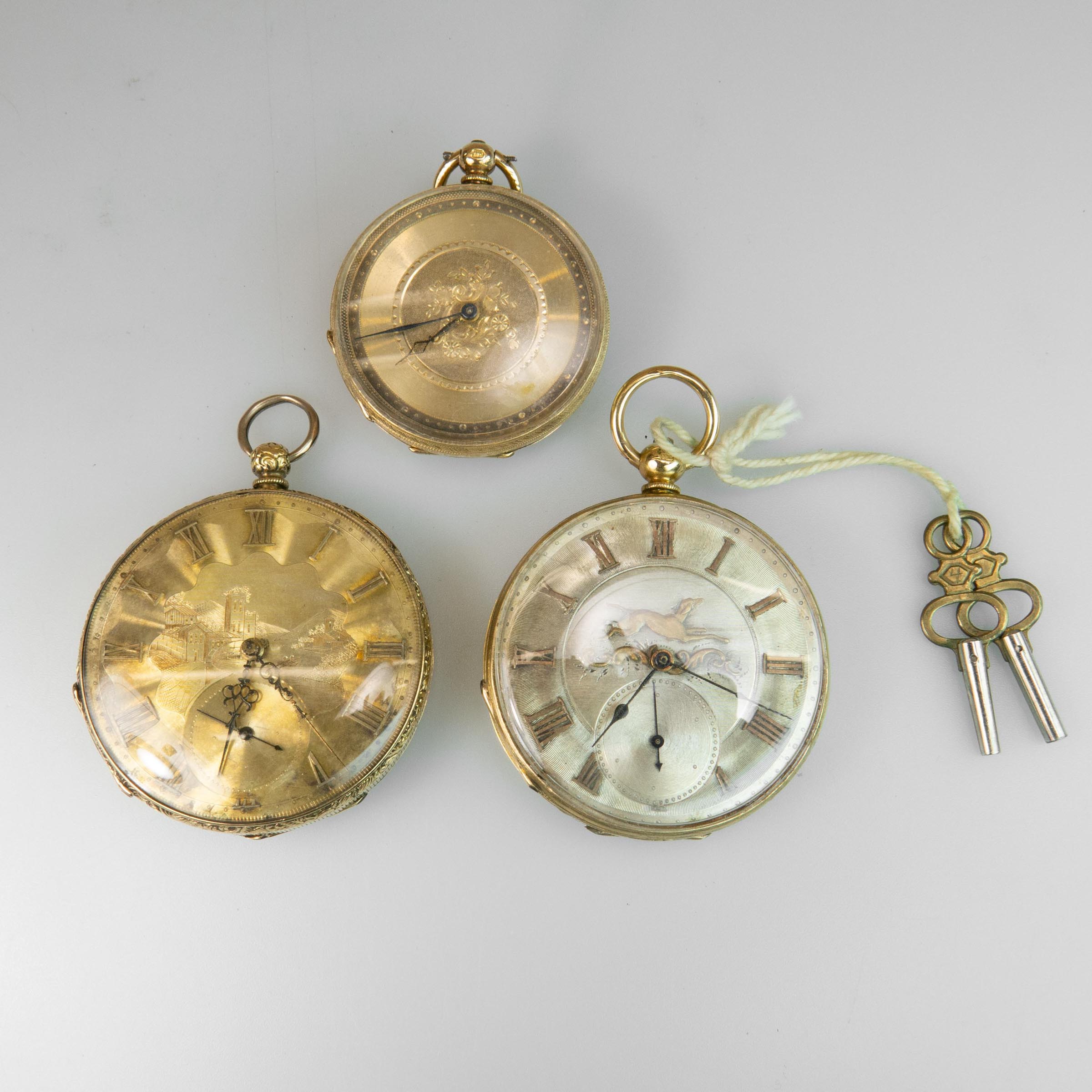 Three Openface, Key Wind Pocket Watches In 18k Yellow Gold Cases