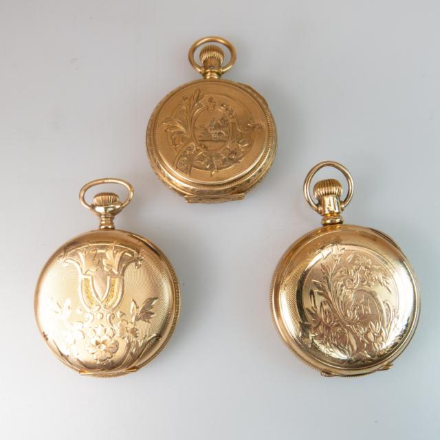 Three American Pocket Watches In 14k Yellow Gold Hunter Cases