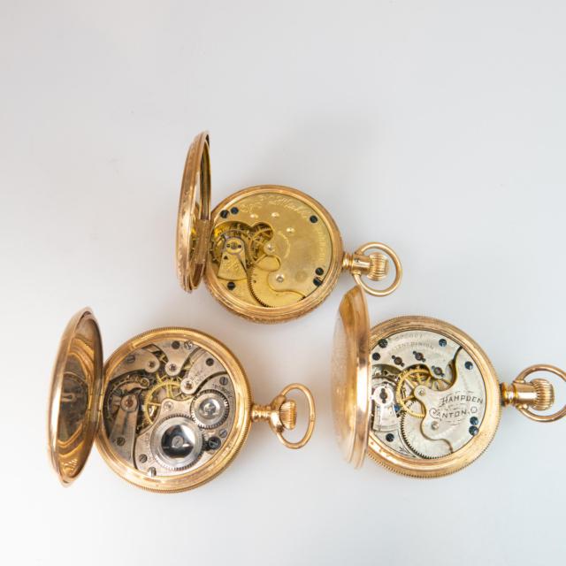Three American Pocket Watches In 14k Yellow Gold Hunter Cases