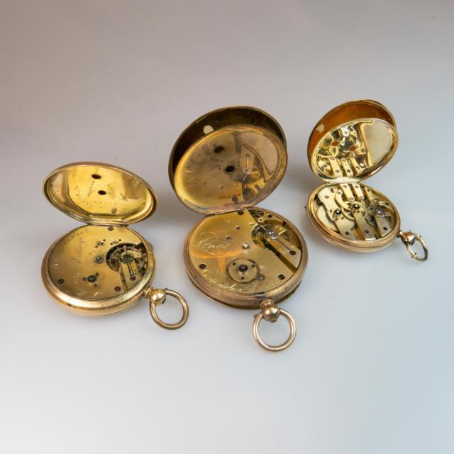 Three Pocket Watches In 14k Yellow Gold Cases