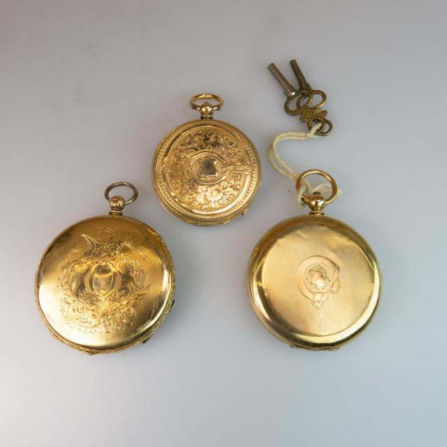 Three Openface, Key Wind Pocket Watches In 18k Yellow Gold Cases