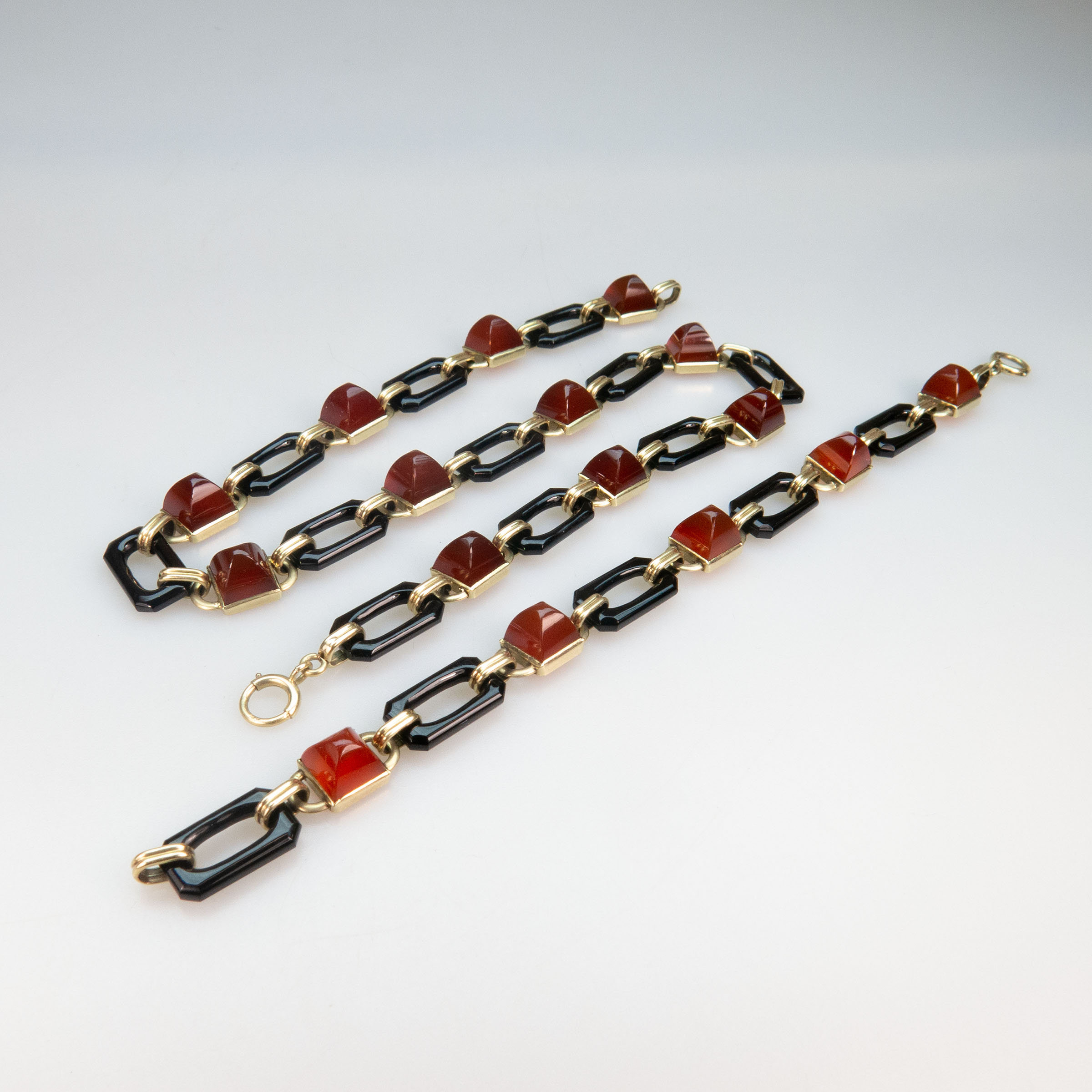 14k Yellow Gold, Onyx And Carnelian Bracelet And Necklace