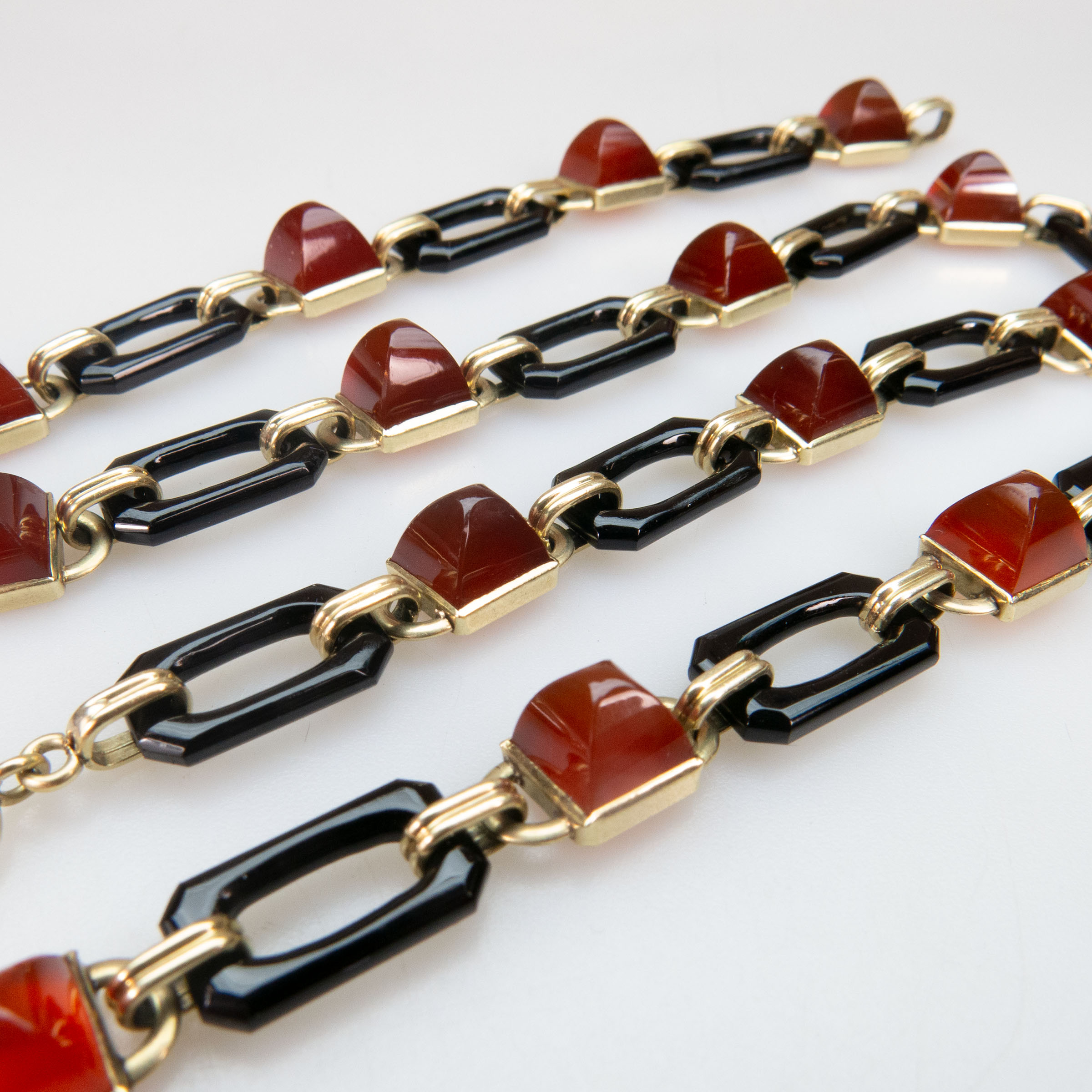 14k Yellow Gold, Onyx And Carnelian Bracelet And Necklace
