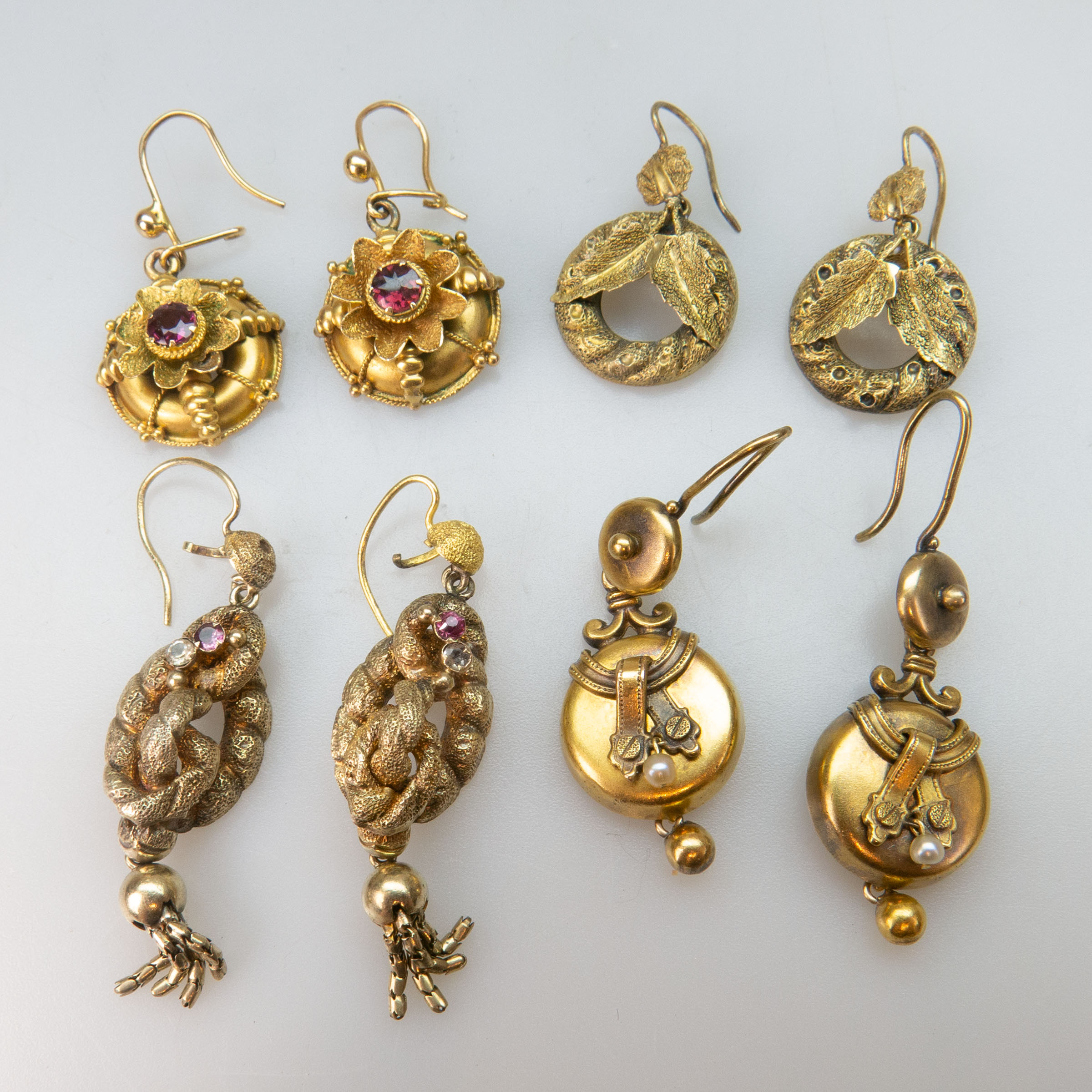 4 Pairs Of 19th Century Gold Hook-Back Earrings