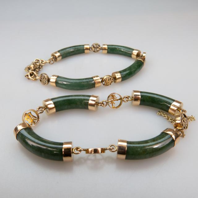 2 x 14k Yellow Gold And Nephrite Bracelets