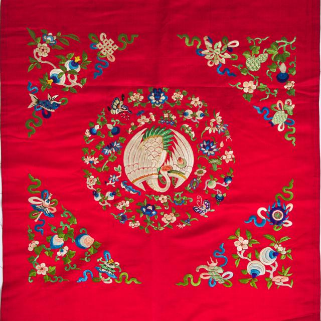 A Set of Eight Chinese Embroidered Red Silk Panels, Late Qing Dynasty