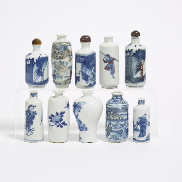 A Group of Ten Blue and White Snuff Bottles, 18th Century and Later