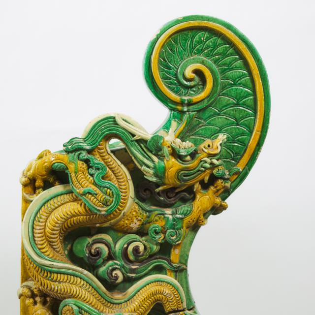 A Pair of Large Sancai-Glazed Dragon-Form Roof Tiles, Ming Dynasty (1368-1644)