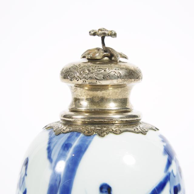 A Dutch Silver Mounted Blue and White Tea Caddy, Kangxi Period (1662-1722), Together With a Blue and White Tea Caddy