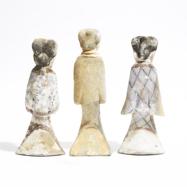 A Group of Three Painted Pottery Figures of Attendants, Han Dynasty (206 BC - AD 220)