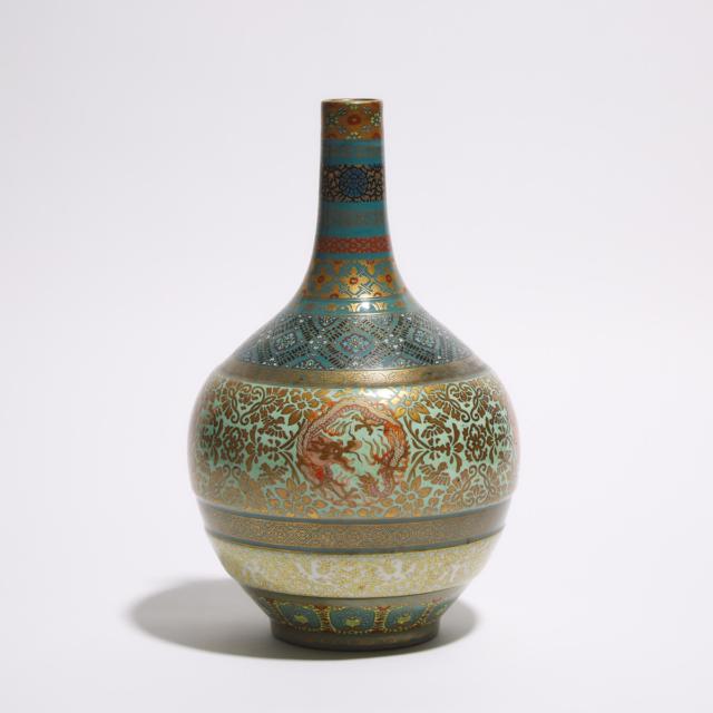 A Japanese Koransha Celadon Vase with Enamel and Gilt Design, Meiji Period, Circa 1880