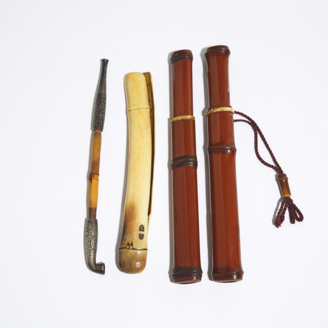 A Stag Antler Pipe Case, Kokusai Mark, together with Two Bamboo Pipe Cases