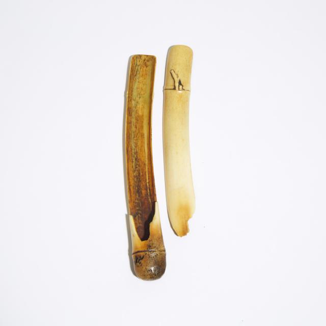 A Stag Antler Pipe Case, Kokusai Mark, together with Two Bamboo Pipe Cases