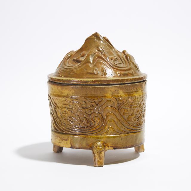 An Amber-Glazed Pottery Cylindrical 'Hill' Censer and Cover, Han Dynasty (206 BC - AD 220)