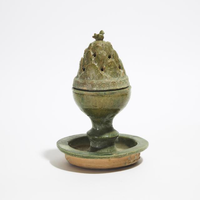 A Green-Glazed Pottery 'Hill' Censer and Cover, Boshanlu, Han Dynasty (206 BC - AD 220)