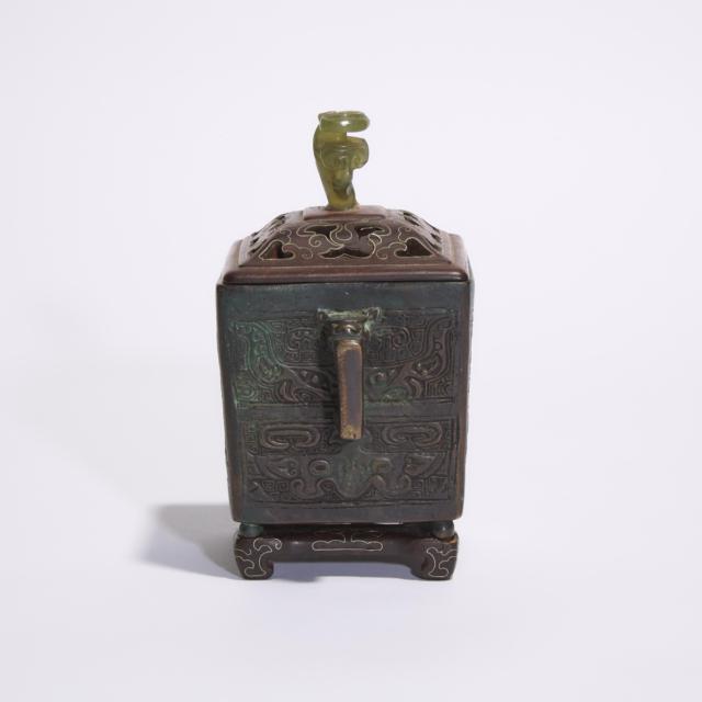 A Bronze Archaistic Square-Section Censer, Cover and Stand, 18th Century