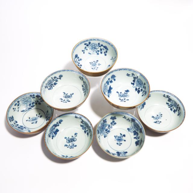 A Set of Seven 'Batavian' Floral Bowls from the Nanking Cargo, Qianlong Period, Circa 1750