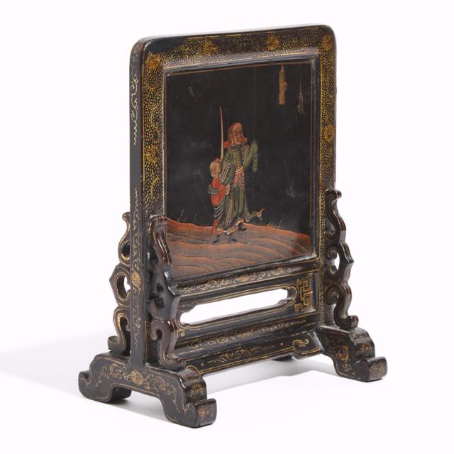 A Chinese Export Black and Gilt-Lacquered 'Foreigner' Double-Sided Table Screen, 18th/19th Century