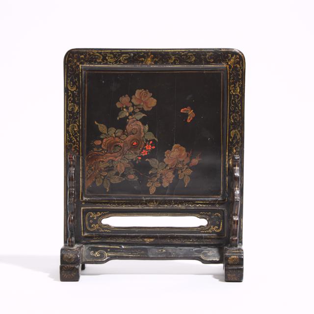 A Chinese Export Black and Gilt-Lacquered 'Foreigner' Double-Sided Table Screen, 18th/19th Century
