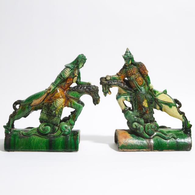 A Pair of Sancai-Glazed Roof Tile Equestrian Figures, Ming Dynasty (1368-1644)