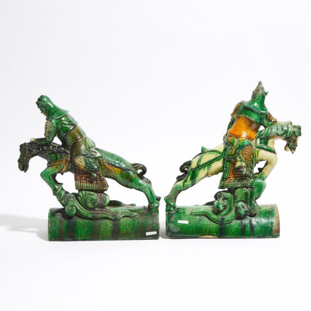 A Pair of Sancai-Glazed Roof Tile Equestrian Figures, Ming Dynasty (1368-1644)