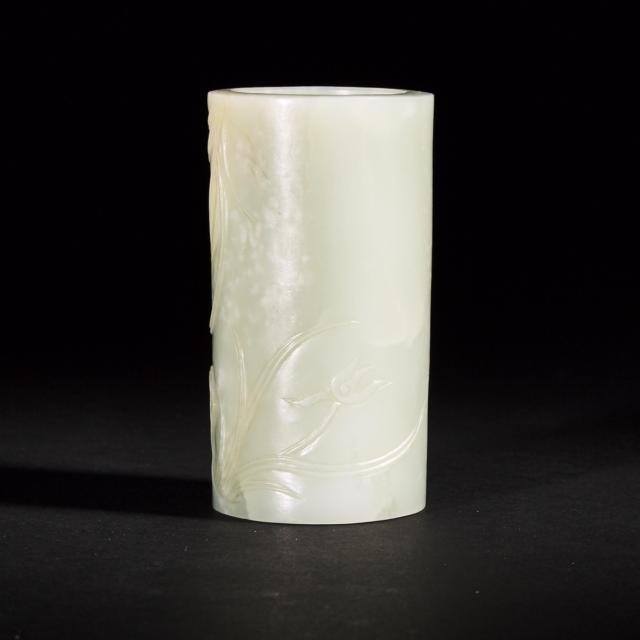 A Finely Carved White Jade Brush Pot, Qing Dynasty, 19th Century